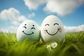 Easter eggs with funny different facial expressions on green grass lawn with sky in the background. Easter holiday Royalty Free Stock Photo