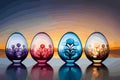 Easter eggs glass balls with beautiful flower art on a sunset background. Vector illustration, generative ai