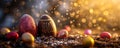 Easter eggs with a glittering finish rest on soil against a magical golden bokeh background, symbolizing a festive and