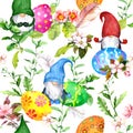 Easter eggs, gnomes, green grass, pink spring flowers. Seamless pattern with floral illustrations