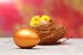 Easter golden egg and yellow hen, chicken bird in nest Royalty Free Stock Photo