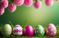 Easter eggs on the grass, against the flower background.