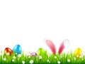 Easter eggs on grass with bunny rabbit ears set. Spring holidays in April. Sunday seasonal celebration with egg hunt. Royalty Free Stock Photo