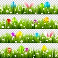 Easter eggs on grass with bunny rabbit ears set. Spring holidays in April. Sunday seasonal celebration with egg hunt. Royalty Free Stock Photo