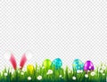 Easter eggs on grass with bunny rabbit ears set. Spring holidays in April. Sunday seasonal celebration with egg hunt. Royalty Free Stock Photo