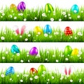 Easter eggs on grass with bunny rabbit ears set. Spring holidays in April. Sunday seasonal celebration with egg hunt. Royalty Free Stock Photo