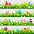 Easter eggs on grass with bunny rabbit ears set. Spring holidays in April. Sunday seasonal celebration with egg hunt. Royalty Free Stock Photo