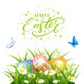 Easter eggs in grass with butterflies on white background Royalty Free Stock Photo