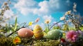 Easter eggs in the grass with flowers on blue sky background Royalty Free Stock Photo