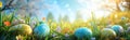 Easter eggs in grass on a sunny spring day. Happy Easter banner. Easter decoration. Generative AI