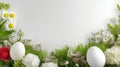 Easter eggs, grass and wild flowers border on white Royalty Free Stock Photo