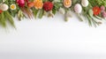 Easter eggs, grass and wild flowers border on white Royalty Free Stock Photo