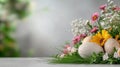 Easter eggs, grass and wild flowers border on white Royalty Free Stock Photo