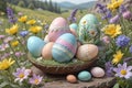 Easter pastele eggs on grassy mellow field