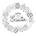 Easter eggs in gray outline enclose text at the center.