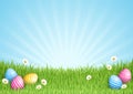 Easter Eggs Green Grass Border Blue Sky Background Royalty Free Stock Photo