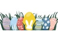 Easter eggs in green grass. Coloured eggs including Bunny.