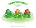 Easter eggs in green grass with flowers isolated on white background. Element for celebratory design. Vector Royalty Free Stock Photo