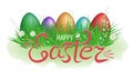 Easter eggs in green grass with flowers and lettering happy Easter on white background. Decorative element for design. Vector Royalty Free Stock Photo