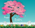 Easter eggs on green grass in the garden with white rabbits,little daisy and butterfly under sakura tree on soft blue background Royalty Free Stock Photo