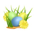 Easter eggs in green grass with yellow flowers isolated on white background. Vector image. Royalty Free Stock Photo