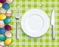 Easter Eggs Green Picnic Blanket Plate Spoon Knife Fork Royalty Free Stock Photo