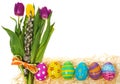 Easter eggs hand painted with a bouquet of flowers tulips, catkins. Royalty Free Stock Photo