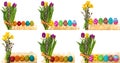 Easter eggs hand painted with a bouquet of flowers tulips, catkins.