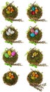 Easter eggs hand painted in a wicker wreath, bird`s nest of moss