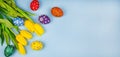 Easter eggs. Happy easter card. Easter eggs on a blue background. Eggs laid out in a row. Happy easter. Tulips. Yellow tulips and Royalty Free Stock Photo