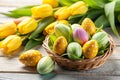 Easter Eggs in Holiday Setting with Yellow Tulips Royalty Free Stock Photo