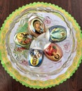 Easter eggs on holiday table. Traditional dish, decoration, ornament.