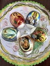 Easter eggs on holiday table. Traditional dish, decoration, ornament.