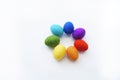 Easter eggs knitted from wool. Manual work. Rainbow. Easter. White background. Colors red,yellow,green,orange,purple,blue and blue Royalty Free Stock Photo