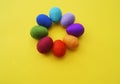 Easter eggs knitted from wool. Manual work. Rainbow. Easter. Royalty Free Stock Photo