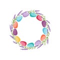 Easter eggs and lavander Wreath. Frame with copy space for date, photo, text. Easter eggs circle shape frame. Print for