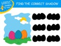 Easter Eggs on lawn isolated on colorful background. Find the correct shadow the Eggs. Cute cartoon food. Educational game