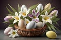 Easter eggs with lilies lie in a basket