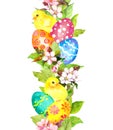 Easter eggs, little chicks, spring flowers, green leaves. Floral repeating border. Watercolor colored egg in grass frame