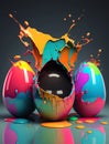 Easter eggs and multicolored bright colorful splash of chocolate, happy easter concept. Generative AI