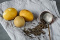 Easter eggs naturally dyed with green tea. Selective focus on vintage scoop