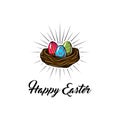 Easter eggs in nest basket with lettering Happy Easter in beams. Vector illustration. Royalty Free Stock Photo