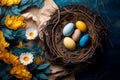 Easter eggs in a nest on a blue background. The minimal concept. top view. Christian Easter concept