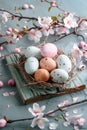 Easter eggs in a nest on a blue background with pink flowers Royalty Free Stock Photo