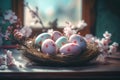 Easter eggs nest with cherry blossom flowers. Generate ai