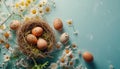 Easter eggs in a nest with daisies on a blue background Royalty Free Stock Photo