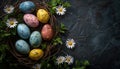 Easter eggs in a nest on dark background, flat lay, copy space Royalty Free Stock Photo