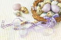 Easter eggs in the nest with decorative ribbons.