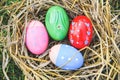 Easter eggs in the nest egg colorful decorated festive tradition on green grass Royalty Free Stock Photo