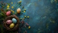 Easter eggs in a nest on green background, flat lay, copy space Royalty Free Stock Photo